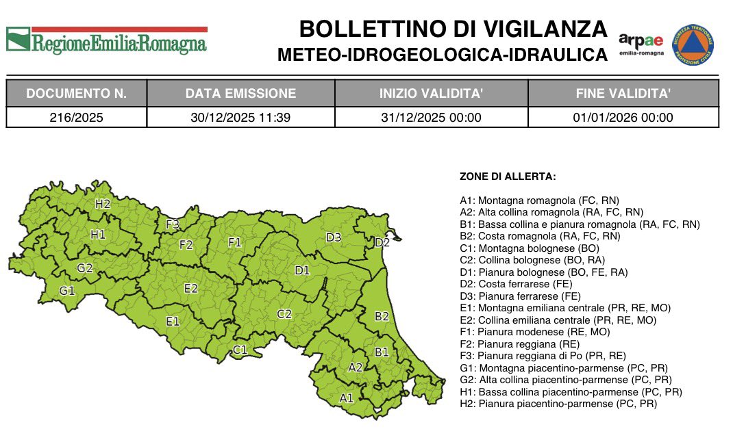 #BollettinoVigilanzaER VERDE nessuna allerta dalle 00:00 del 31/12/2025 alle 00:00 del 01/01/2026. ➡️ bit.ly/49ygitO