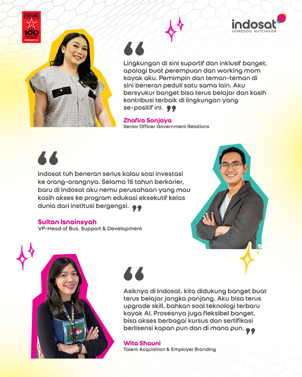 indosat's tweet photo. Mau tahu gimana serunya kerja di Indosat? Intip langsung testimoni dari teman-teman HIRO di bawah ini ya!

#StrivingBeyond #EmpoweringIndonesia #IndosatOoredooHutchison #IOH https://t.co/iNYsZkSOIE