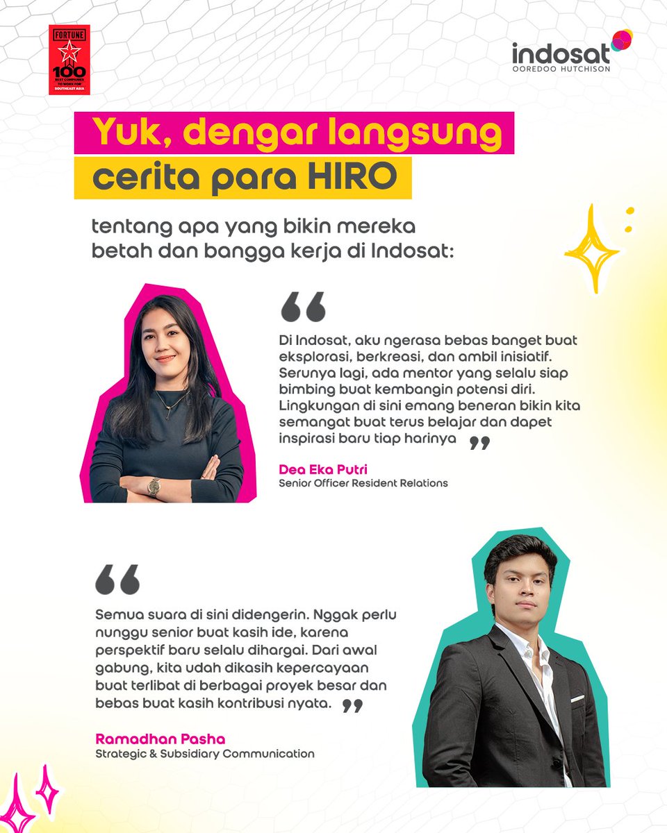 indosat's tweet photo. Mau tahu gimana serunya kerja di Indosat? Intip langsung testimoni dari teman-teman HIRO di bawah ini ya!

#StrivingBeyond #EmpoweringIndonesia #IndosatOoredooHutchison #IOH https://t.co/iNYsZkSOIE