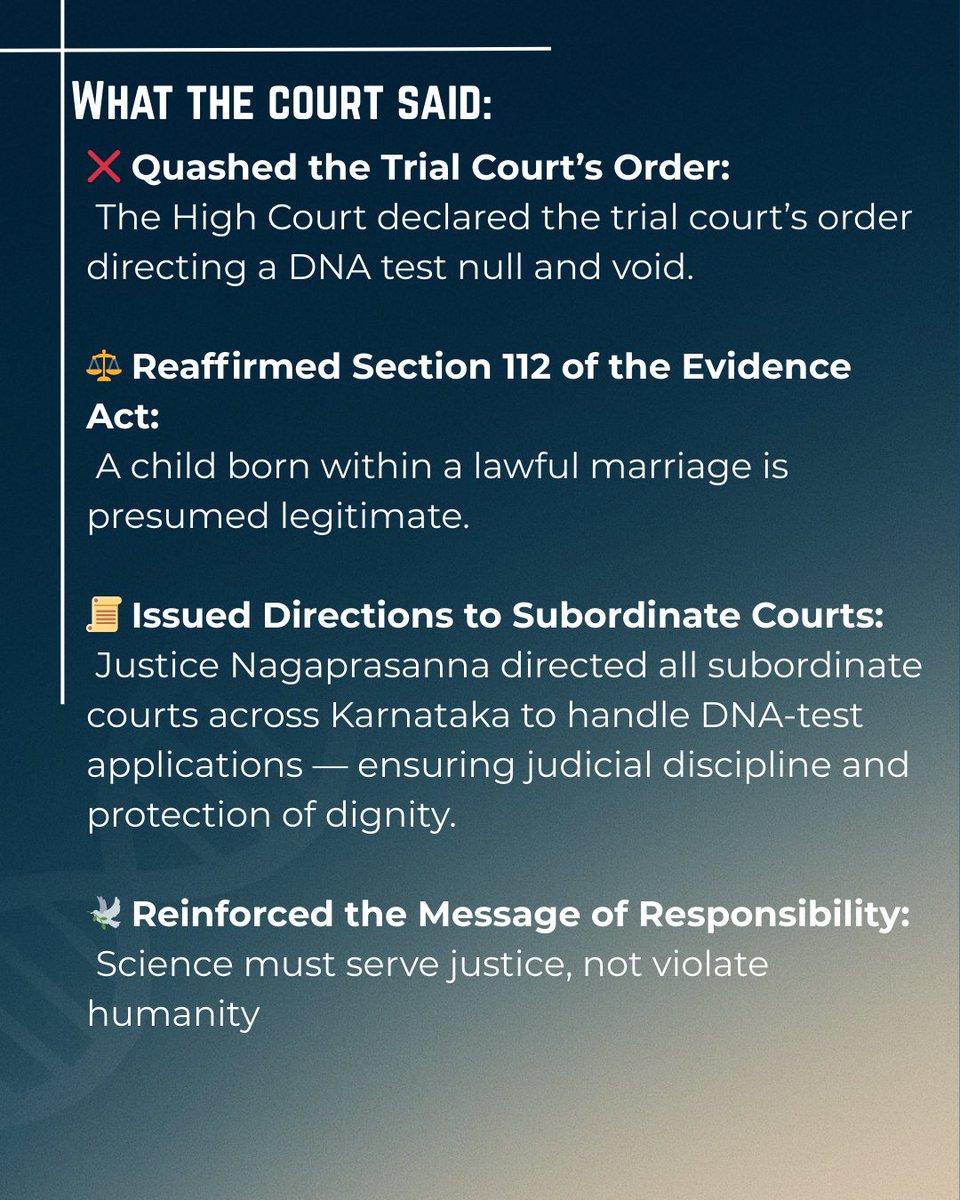 DhwaniLegal's tweet photo. The court held that DNA tests aren’t routine but allowed only with strong justification. Non-Access of spouse must be proved. Mere suspicion cannot be justified. PART II
#highcourt #dna #dnatesting #childrights #trialcourt #justice https://t.co/aK1Hrv3avF