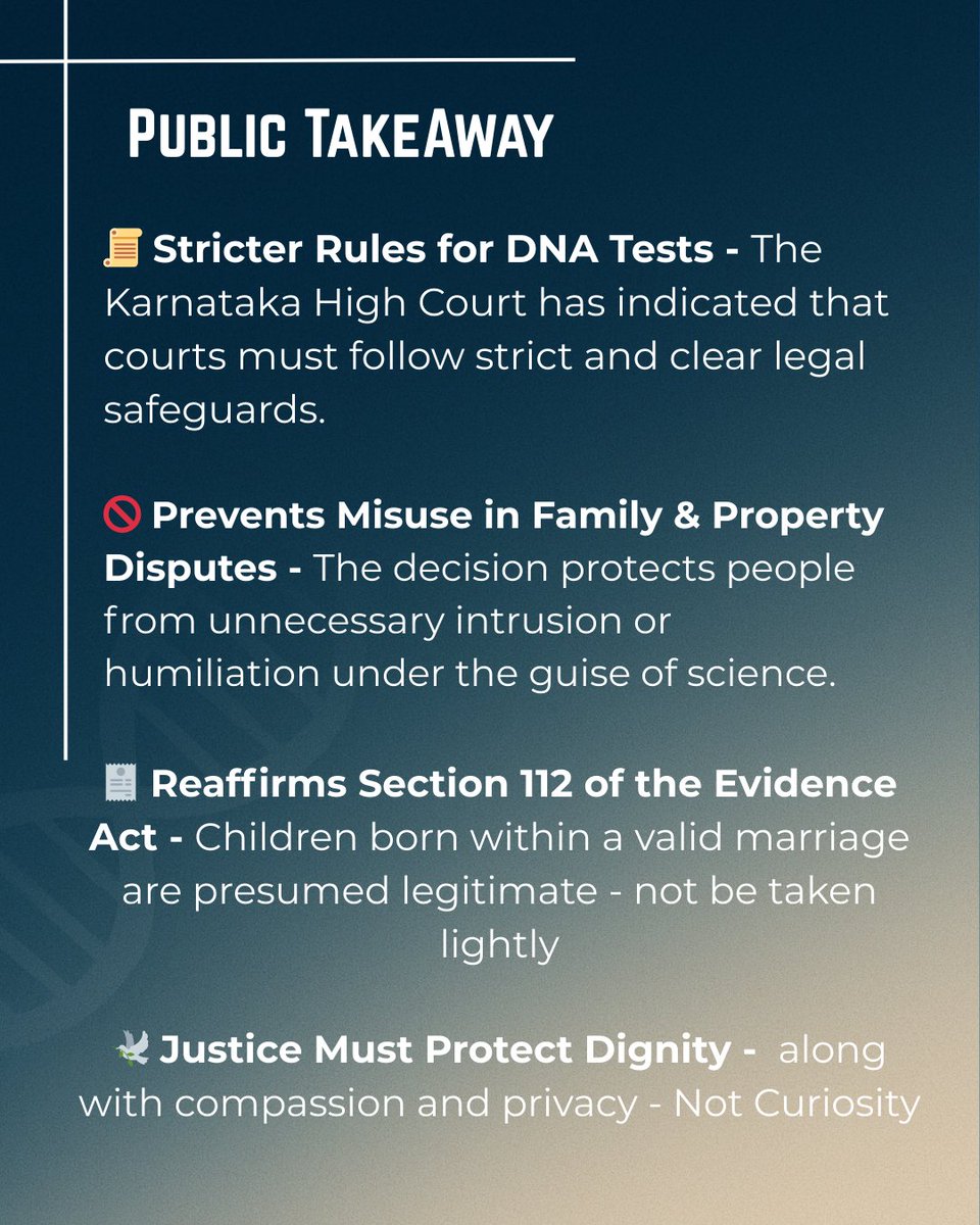 DhwaniLegal's tweet photo. The court held that DNA tests aren’t routine but allowed only with strong justification. Non-Access of spouse must be proved. Mere suspicion cannot be justified. PART II
#highcourt #dna #dnatesting #childrights #trialcourt #justice https://t.co/aK1Hrv3avF