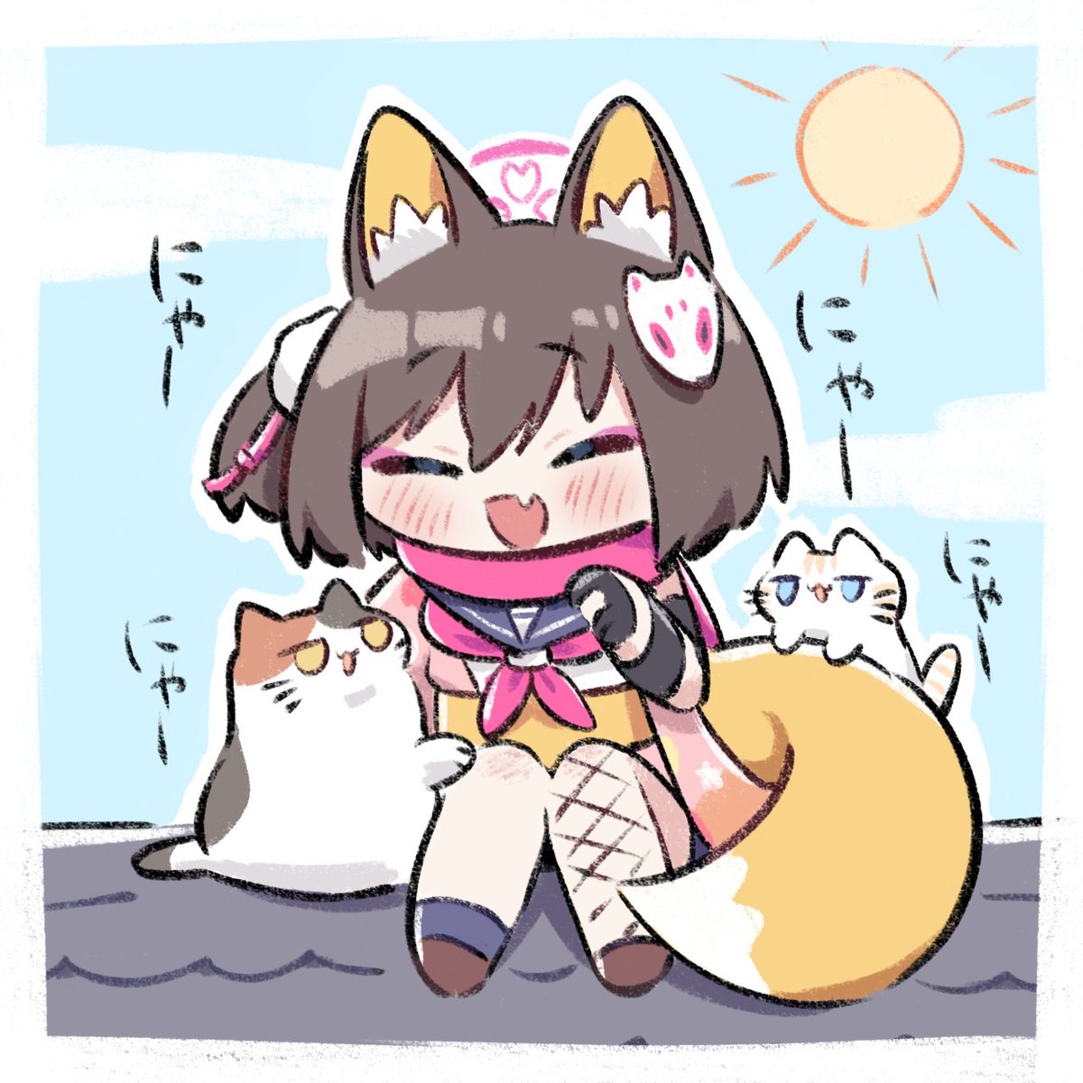 猫たちと楽しそうに会話するイズナちゃん
#ブルアカ