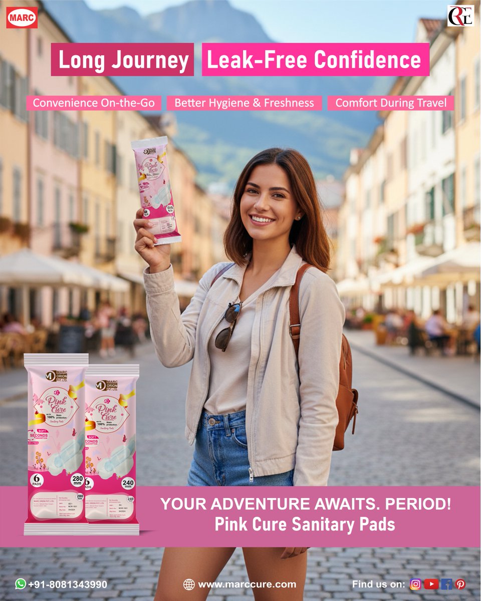 Pinkcure_India's tweet photo. Long journey? No worries 
Pink Cure Sanitary Pads provide leak-free protection, better hygiene &amp; long-lasting comfort—perfect for travel and on-the-go confidence.
#PinkCurePads #TravelCare #LeakFree #PeriodConfidence https://t.co/U9P8HGaQD9