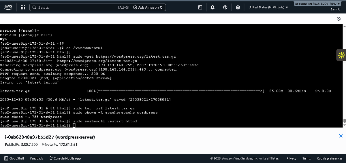 AkbarAliDev10's tweet photo. Deployed my first WordPress site on AWS EC2 🚀  
Manual setup using Linux, Apache &amp; MariaDB.  
Great learning experience in cloud hosting &amp; server fundamentals.

#AWS #EC2 #WordPress #CloudComputing #Linux #DevOps https://t.co/qE0Mktivto
