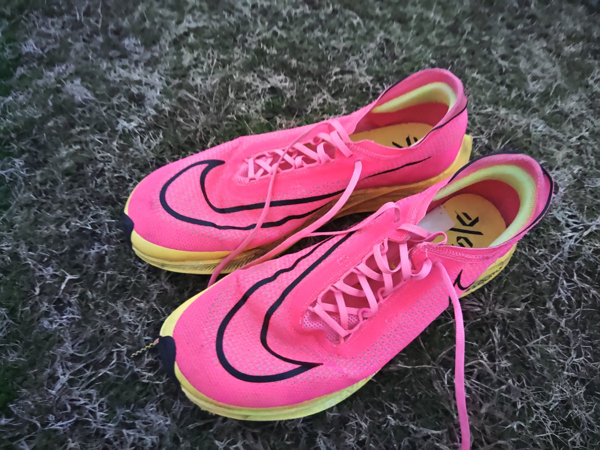 Tkambara_miler's tweet photo. 今日はゆっくりできる一日ということで、今年最後の #doublethreshold
AM: 5 x 2km w/ 60" rest (3'20-25"/km)👟 evo SL
PM: 20 x 400m w/ 35" rest (73-75") on grass + 5 x 30m hill-sprint👟streakfly
「こんなこと、我ながらよぅ3年も4年も続けてるなぁ」と折に触れて思うことがあるけど、VO2maxインターバルをガンガンやるよりかは心身ともに疲弊しにくいし、性に合ってるんだろう。
都大路でプチ話題になったstreakflyの初代は、最高に楽しい芝生トレシューズ (通算6足目←スーパー脆弱接着剤のせい)。
ちなみに、息子らとの凧揚げを含めると #triplethreshold