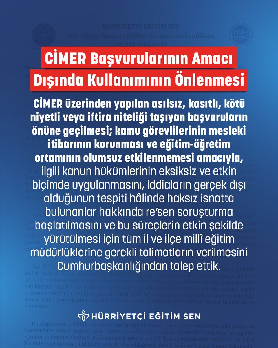 emrahgultekin25's tweet photo. Hürriyetçi Eğitim Sen olarak, 17 Aralık 2025 tarihinde, CİMER üzerinden yapılan asılsız, kasıtlı ve iftira niteliği taşıyan başvuruların önüne geçilmesi; kamu görevlilerinin mesleki itibarının korunması ve eğitim-öğretim ortamının olumsuz etkilenmemesi amacıyla tarafımızca ilgili birimlerin harekete geçirilmesi yönünde başvuruda bulunulmuştur. Bu başvuru neticesinde Bakanlık somut bir adım atmış; asılsız ve kötü niyetli nitelik taşıyan şikâyetler hakkında mülki idare amirliklerince gerekli adli soruşturma süreçlerinin başlatılması yönünde Millî Eğitim Bakanlığı tarafından talimat verilmiştir.
@HurEgitimSen 
@leventkuruoglu