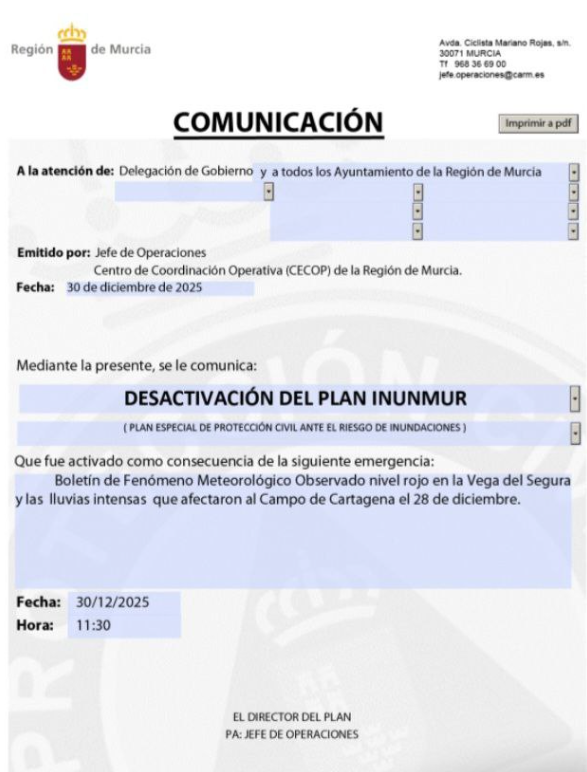 112rmurcia's tweet photo. Finalizado el fenómeno meteorológico adverso  de nivel rojo en la Vega del Segura y de lluvias intensas en el Campo de Cartagena, el Director del Plan Especial de Protección Civil ante el Riesgo de Inundaciones en la #RegiondeMurcia  (#INUNMUR), comunica la desactivación de dicho plan, que fue activado el día 28 de diciembre como consecuencia del boletín meteorológico emitido por la Agencia Estatal de Meteorología .