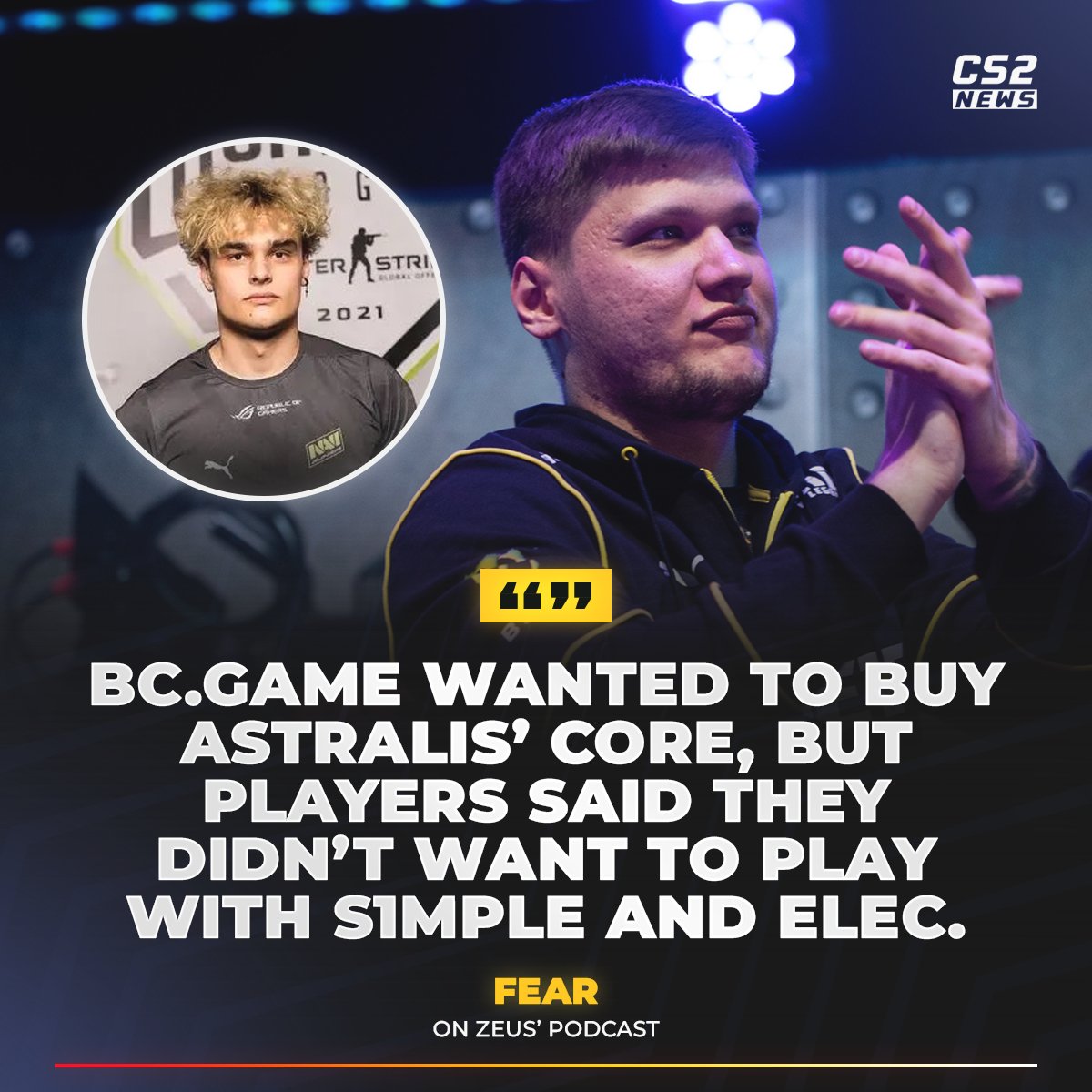 ‼️ BCGAME wanted to buy Astralis' core, but the players didn't want to play with s1mple and electronic — according to fEAR. 

«They need to grind, they need players that accept them for who they are, we saw that Sasha and Elec are quite hot-tempered. 

They came to a European