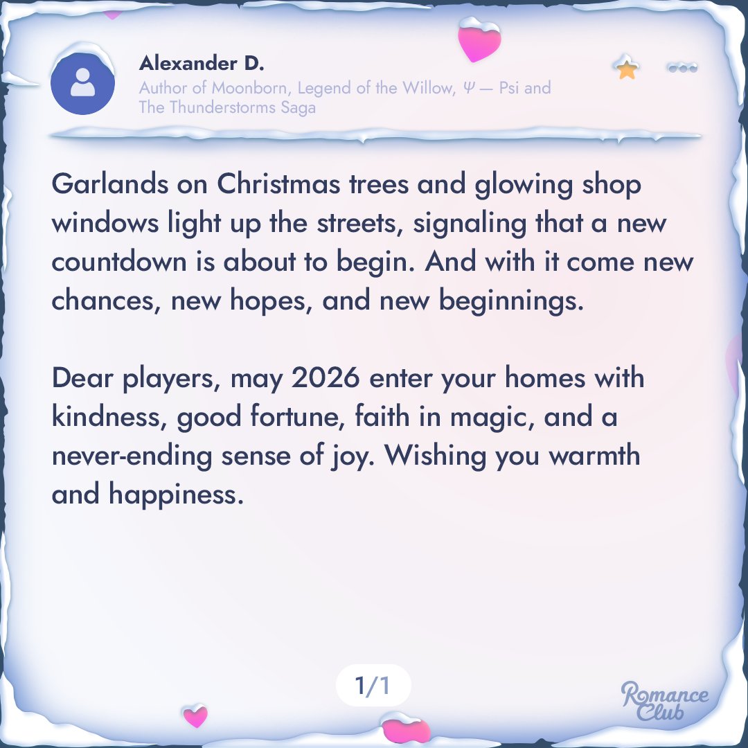 ysiromanceclub's tweet image. 💫 Today we'd like to share a few more holiday messages from our writers.
 
May this give you a moment of peace and add a touch of coziness to your day! ❄️🤍

#adventcalendar #romanceclub #visualnovel #mobilegame #winter