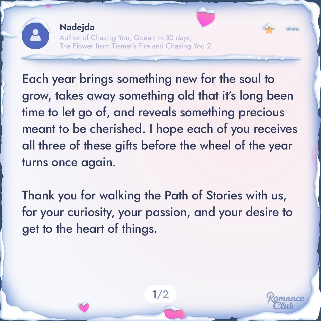 ysiromanceclub's tweet image. 💫 Today we'd like to share a few more holiday messages from our writers.
 
May this give you a moment of peace and add a touch of coziness to your day! ❄️🤍

#adventcalendar #romanceclub #visualnovel #mobilegame #winter