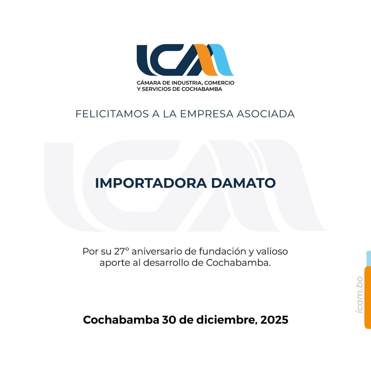 ICAMCBBA's tweet image. 🌟 ¡Felicitamos a nuestra afiliada por su aniversario! 💪

▶ IMPORTADORA DAMATO 

¡Sigamos construyendo juntos un futuro brillante! ✨

#ICAM #HechoEnBolivia #FamiliaICAM