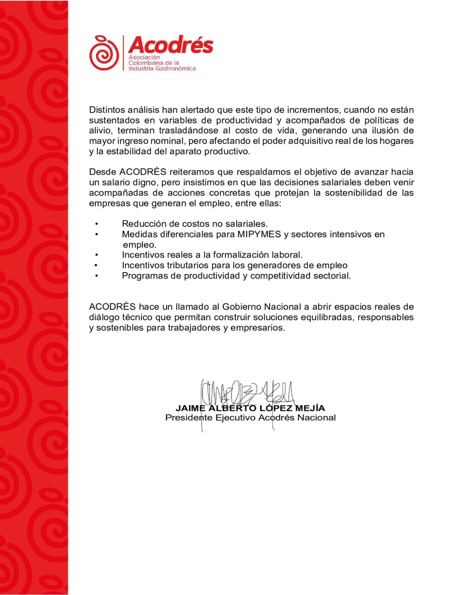 Un aumento sin medidas de acompañamiento por parte del Gobierno  Nacional a la empresas, es una condena a muerte!