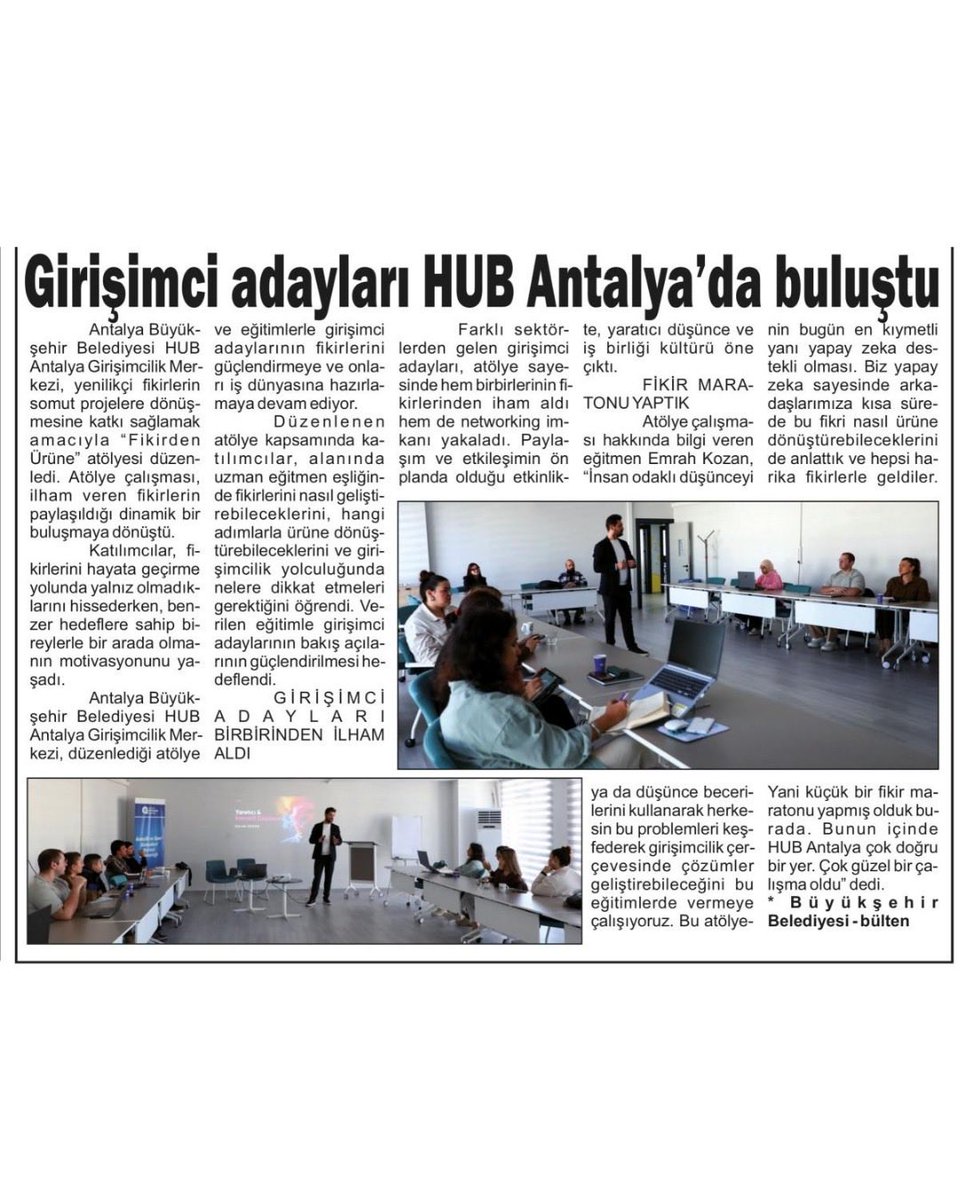 Girişimci adayları HUB Antalya’da buluştu

HUB Antalya Girişimcilik Merkezi’nde düzenlenen “Fikirden Ürüne” atölyesinde girişimci adayları, fikirlerini geliştirme ve ürüne dönüştürme konusunda eğitim aldı. Etkinlikte paylaşım ve iş birliği ön plana çıktı.
