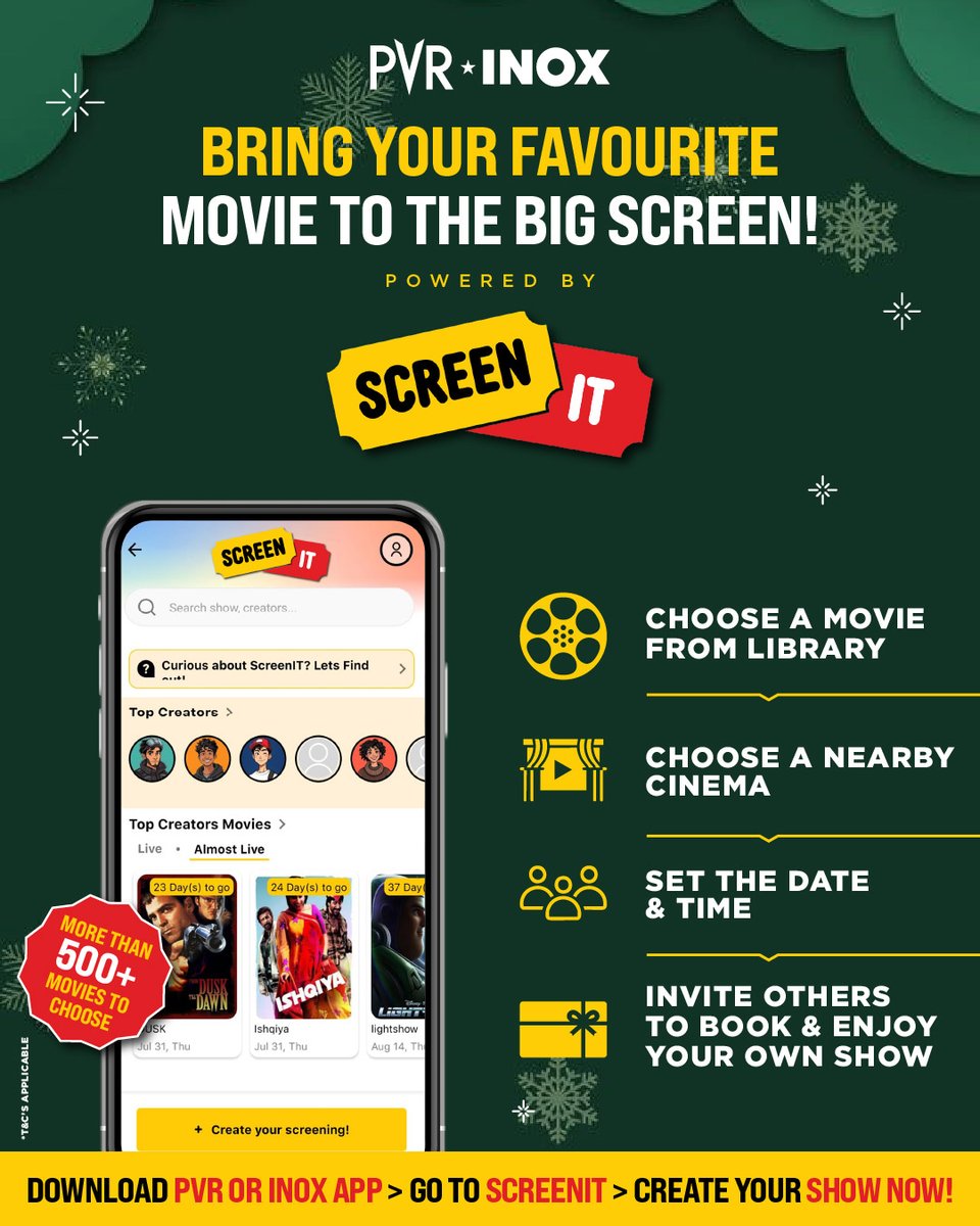 _PVRCinemas's tweet photo. Start the year with stories you love and a screen thatβs truly yours β¨
With #ScreenIT, create a private big-screen experience for your favourite film and your favourite people.
Some moments deserve more than a regular show. π¬
Download now: https://t.co/tJgzpNSUAp
.
.
.
#PVRINOX #PrivateCinema #YourCinemaYourWay