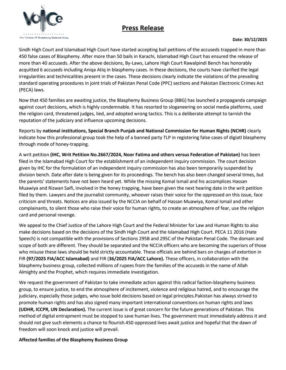 🔴 Today in Lahore, a deeply alarming incident has exposed the shrinking space for free speech and justice in Pakistan.

📍A press conference by the families victimized by an organized Blasphemy Business Network was lawfully scheduled at the Lahore Press Club. Official permission