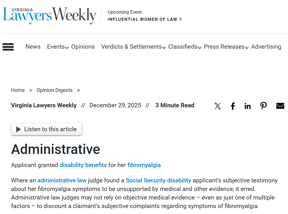 TomKindlon's tweet image. (US)
Another piece on the important recent federal court ruling that judges in disability cases shouldn't rely solely on objective medical evidence in some scenarios such as with fibromyalgia

archive.ph/8Vci2

#Fibromyalgia #chronicillness
