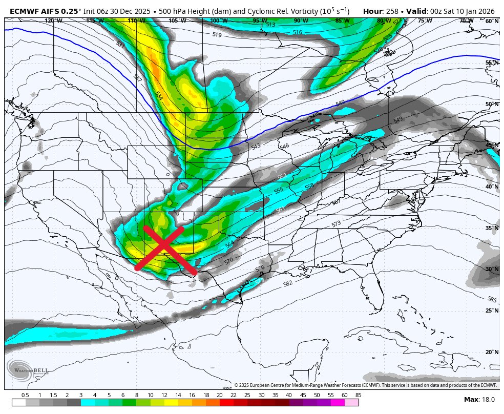 TonyPannWBAL's tweet image. Snow Showers/Flurries possible New Years Eve/Day. But if you're looking for a bigger snow event, you'll likely have to wait for a while in Baltimore. What I do like seeing in the long-range modeling, is finally getting some energy in the Southern Jet Branch! 👇 (Red 'X') Get that…