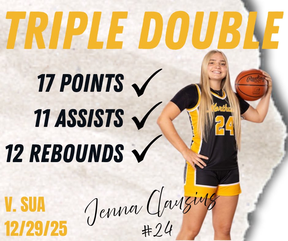 LadyKats_Hoops's tweet image. Jenna Clausius recorded a triple double last night in our win over SUA.  

17 points, 11 assists, and 12 rebounds.   

It is the first triple double in the past 13 years - and one of the few/possibly only triple doubles in school history.