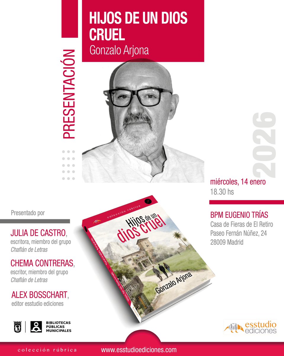 EsstudioEdicion's tweet image. 📣📚✨¡PRESENTACIÓN!✨

Miércoles 14 Enero a18.30h
Biblioteca Eugenio Trias
Casa de fieras de El Retiro
28009 Madrid

¡OS ESPERAMOS! 

‘Hijos de un dios cruel’
Gonzalo Arjona
@EsstudioEdicion 

✔️esstudioediciones.com/libros/470/hij…
#esstudioediciones #esstudioedicionestueditorialdeconfianza