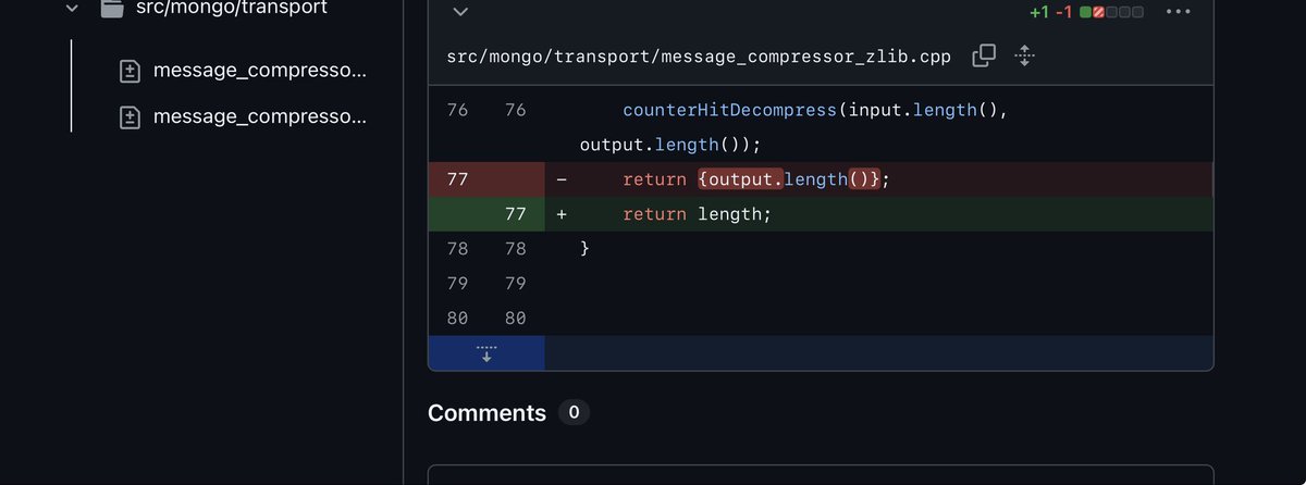 MongoDB's latest vuln (CVE-2025-14847) is wild. unauthenticated attackers can send crafted requests and leak uninitialized heap memory from the server via zlib compression mishandling.

All from *one line* of code: returning the allocated buf size instead of the decompressed len