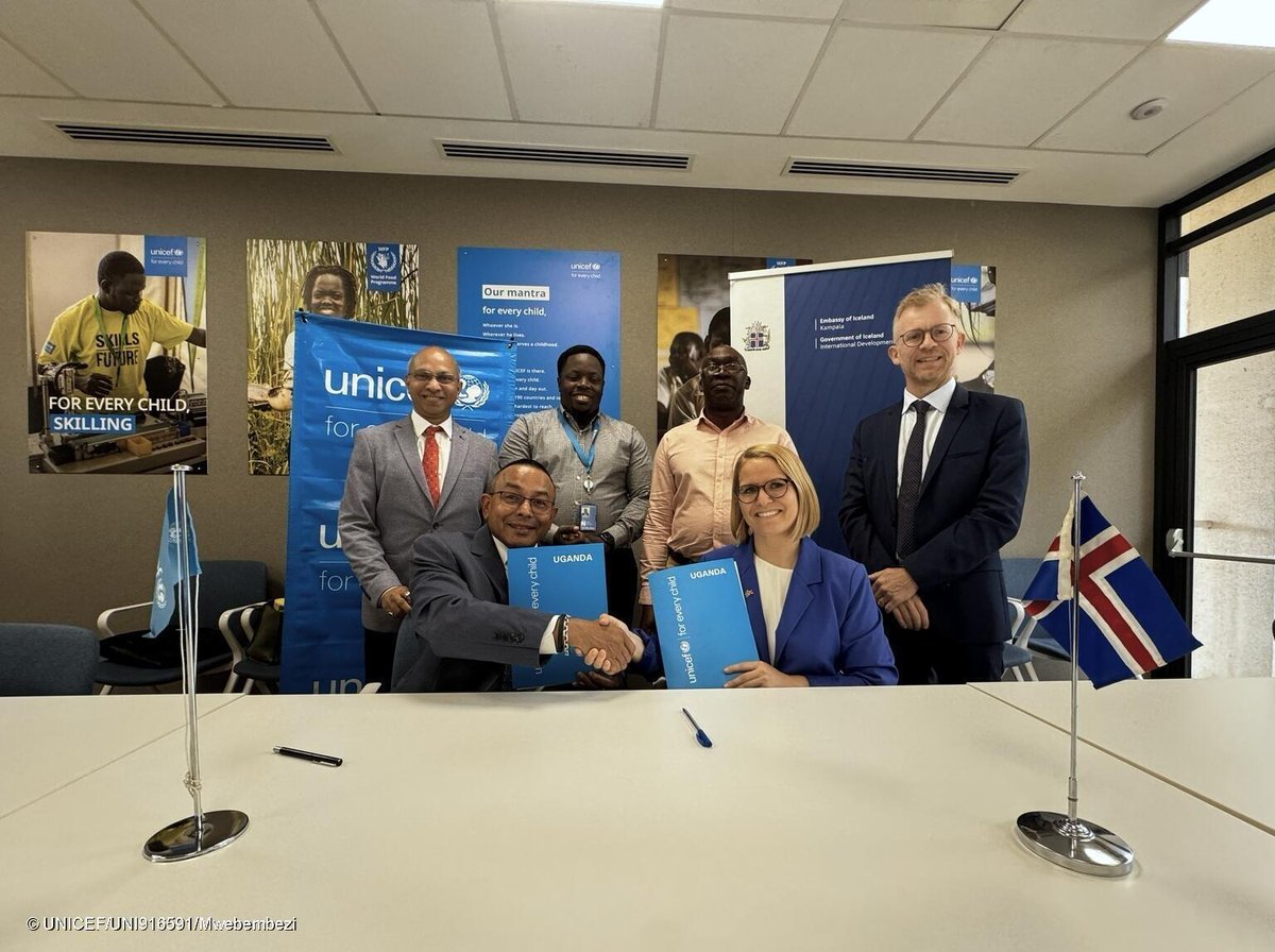 UNICEFUganda's tweet photo. The Government of Iceland🇮🇸-@IcelandinUganda has contributed US$5.5 million to @UNICEFUganda to strengthen government-led programmes for children, adolescents &amp; families — expanding education,social protection, early childhood development &amp; WASH services.👉https://t.co/74SPmA8wbu https://t.co/G3l6YaQU0k