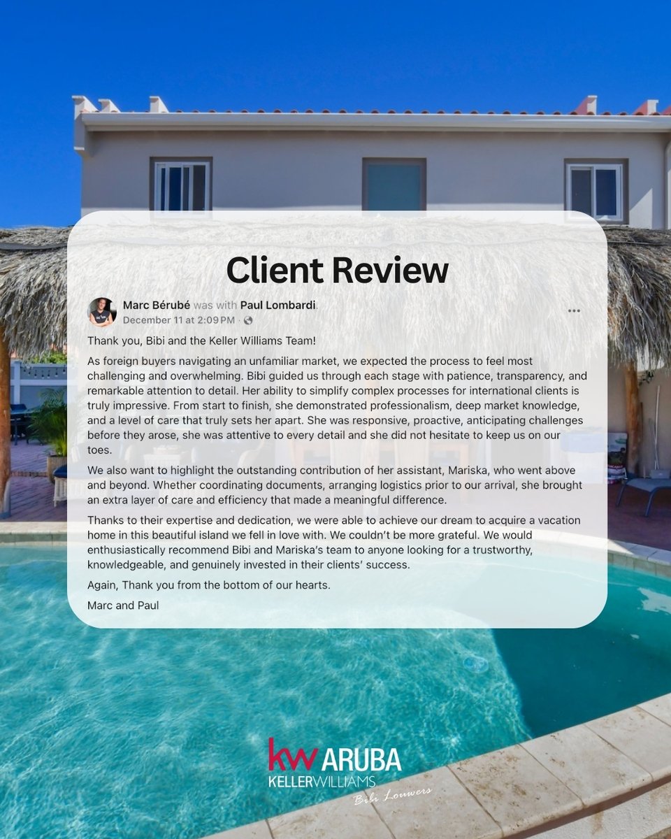 Feeling super grateful for this wonderful review from Marc &amp; Paul! 🙌 It was a pleasure helping you on your Aruba home journey and being there every step of the way. Thank you for your trust and kind words! 🏡✨

#ArubaRealEstate #HappyClients #KellerWilliamsAruba