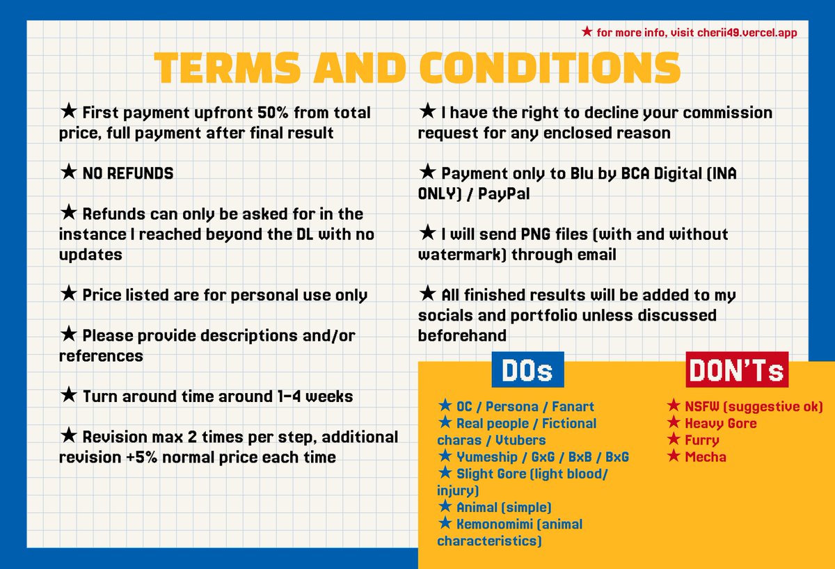 [RTs &amp; Likes are highly appreciated!]

commission are open!!
for more information 
-> cherii49.vercel.app

feel free to dm me if you're interested or have any questions ❣️
#commissionsopen #opencommission #artidn