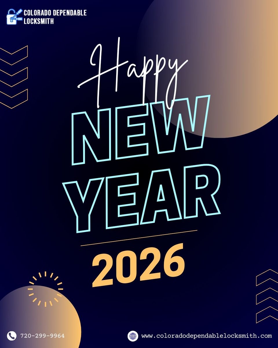 CD_locksmith's tweet image. Happy New Year 2026, Colorado! 

From your trusted team at Colorado Dependable Locksmith

We wish you health, joy, fresh beginnings, and epic adventures. Cheers to new possibilities, positive vibes, and an incredible year ahead for all Coloradans.

#HappyNewYear2026 #NewYear2026