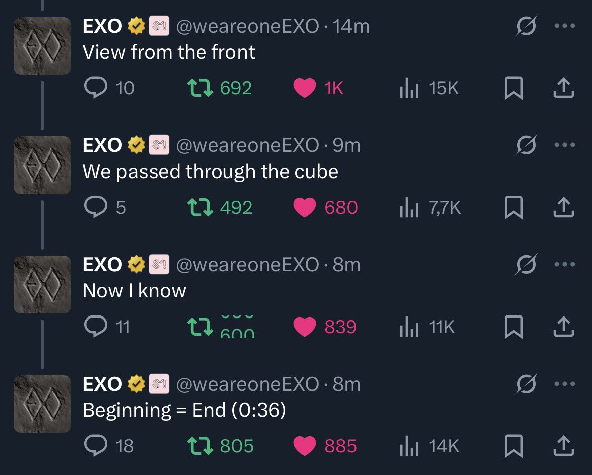 myoujousoo's tweet image. 정면: 헥사곤 로고 
내부: 3D 큐브 (차원의가교)
정면에서 보면 로고지만 그 안으로 들어가는 순간 엑소플래닛으로 연결되는 차원의 문이 열리는 거임.
근데 이번엔 탈출이 아니라 리버스 REVERXE!🫠

“Beginning = End”
MAMA 뮤비 0:36 “시간은 뒤집어지고 공간은 어긋난다” : 시간을 되돌려서 다시…