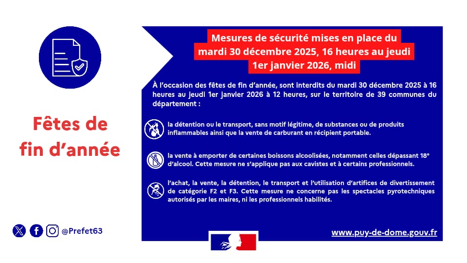 Image de Préfet du Puy-de-Dôme - Afin de sécuriser les fêtes de fin d’année, des mesures d’interdiction ont été mises en place par le