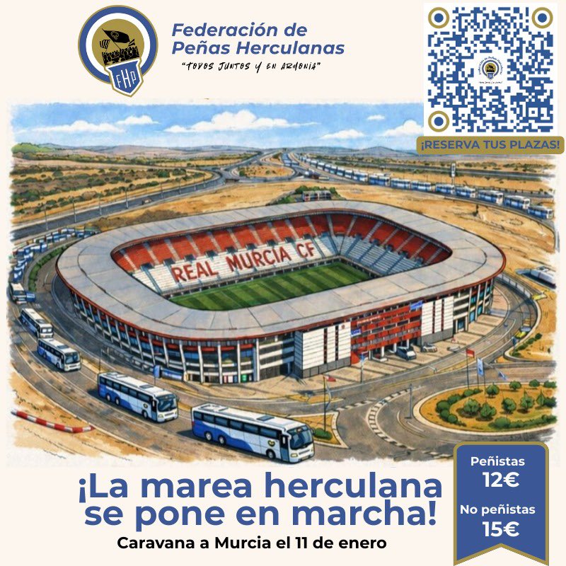 fdpherculanas's tweet photo. 🚌 Bus a Murcia 11 enero‼️

Reservas abiertas 👉 https://t.co/AV0YYwGNAQ

💶 Peñistas 12 € / No peñistas 15 €

ℹ️ Salida desde Rico Pérez/horario por confirmar 

💙🤍 La marea herculana arranca. https://t.co/4serTtcA7u