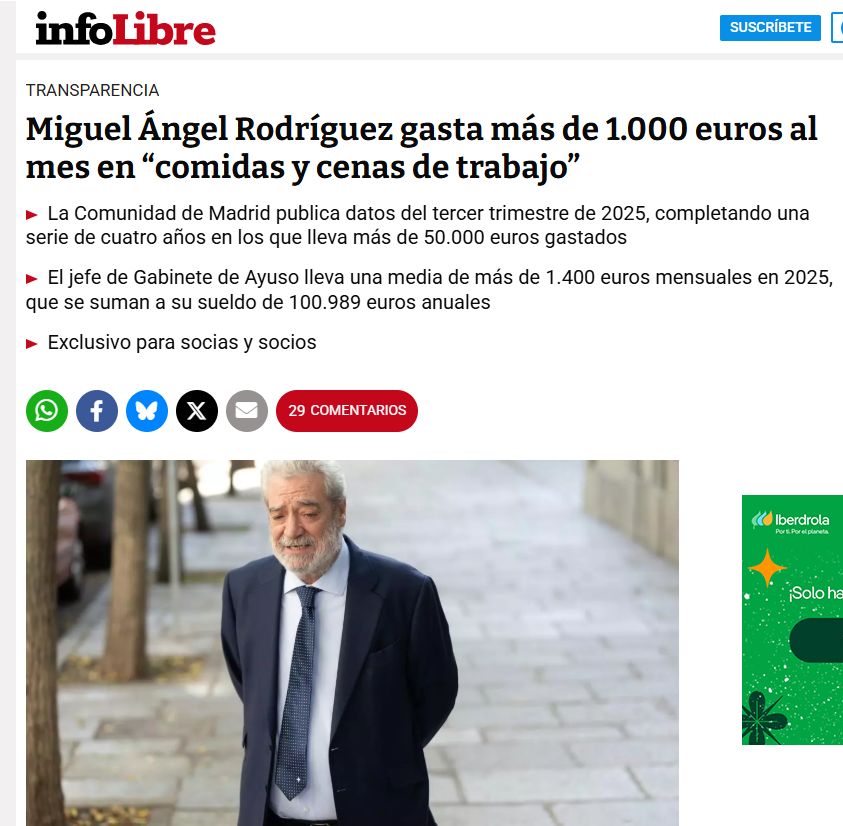 Miguel Ángel Rodríguez gasta más de 1.000 euros al mes en “comidas y cenas de trabajo” 

Recordad antes de ir a votar que esta gente del PP es la que vota en contra de que suban el SMI.