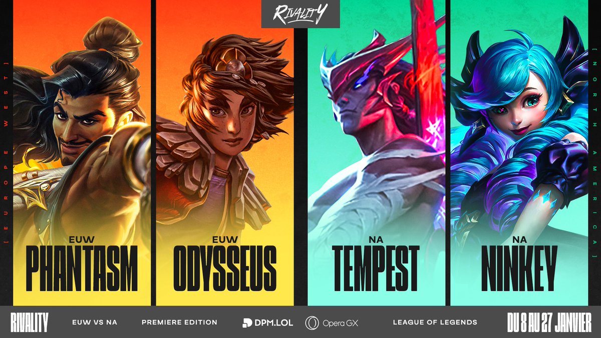 RIVALITY REVEAL #4 

Ils font parti des 4 meilleurs OTP dans le monde sur leurs champions : 

<a href="/Phantasm_EUW/">Phantasm</a> &amp; @odysseus_131 représenteront le serveur EU !

Face à eux <a href="/WayOfTheTempest/">Tempest</a> &amp; <a href="/ninkeygwen/">Ninkey</a> représenteront le serveur NA ! 

18/40

- 

RIVALITY REVEAL #4

They are one of