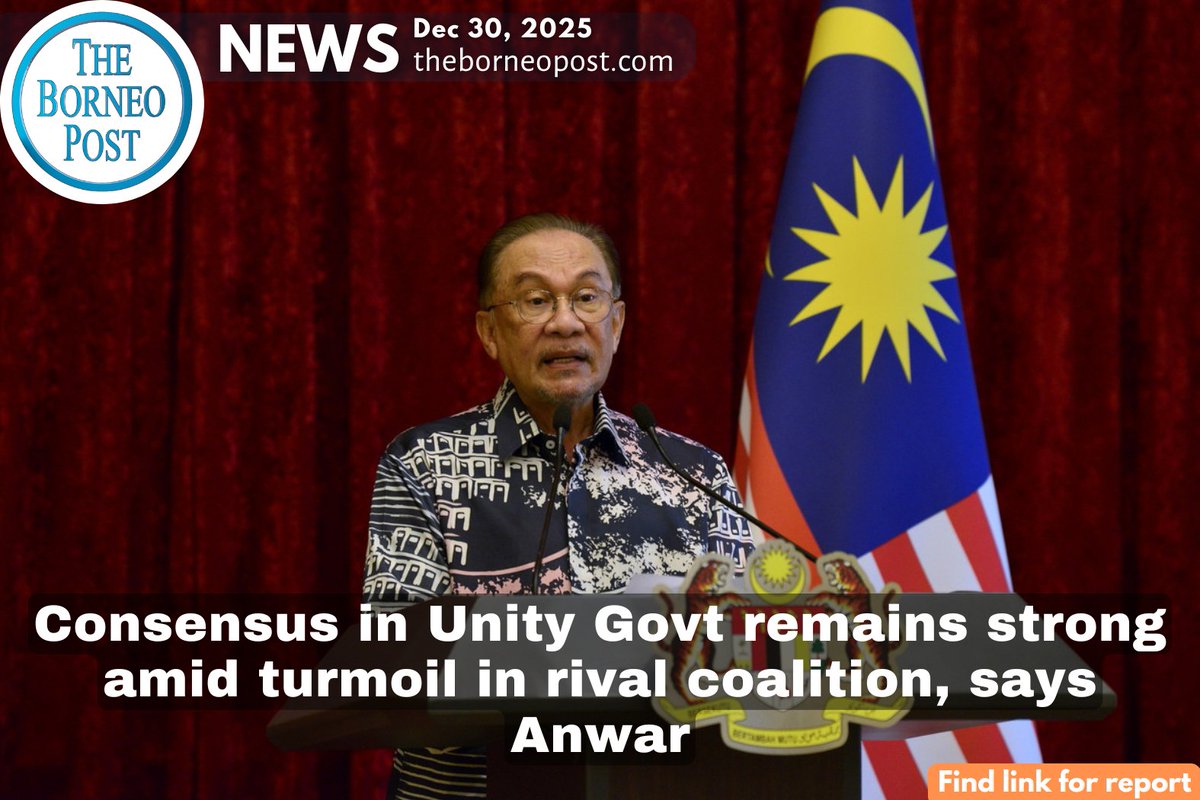 theborneopost's tweet image. PM Anwar Ibrahim says the Madani Unity Government remains united, with no signs of sabotage or betrayal, contrasting recent turmoil in Perikatan Nasional.
theborneopost.com/2025/12/30/con…

#UnityGovernment #AnwarIbrahim #MadaniGovernment #PerikatanNasional #MalaysiaPolitics