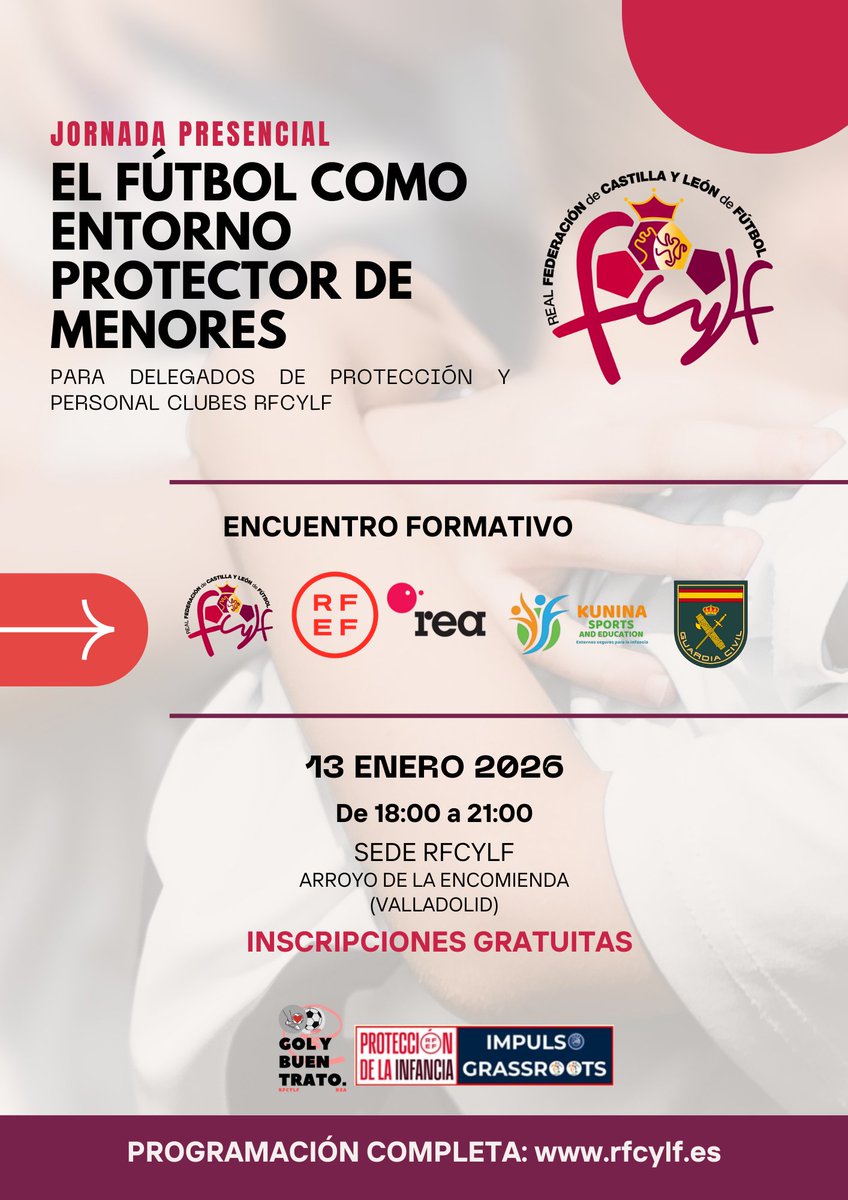 FORMACIÓN / <a href="/FCyLF/">RFCYLF</a> 

¿Ya te has inscrito en nuestro próximo seminario sobre 𝐏𝐫𝐨𝐭𝐞𝐜𝐜𝐢ó𝐧 𝐚 𝐥𝐚 𝐈𝐧𝐟𝐚𝐧𝐜𝐢𝐚?

El 13 de enero aprende de los mejores en un encuentro necesario para el entorno del fútbol #CYL 

Inscripciones gratuitas abiertas 🛜
Consulta el programa