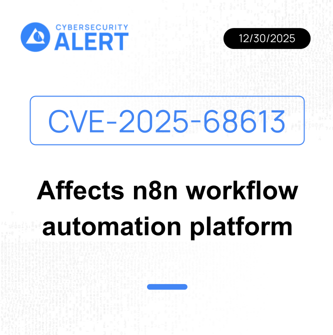 wazuh's tweet image. n8n workflow automation platform is affected by CVE-2025-68613, a critical RCE in expression evaluation that can lead to full system compromise. Update to n8n 1.120.4, 1.121.1, or 1.122.0 now. 

Read more: ow.ly/u6Ij50XQh0Q

#Vulnerability #Cybersecurity
