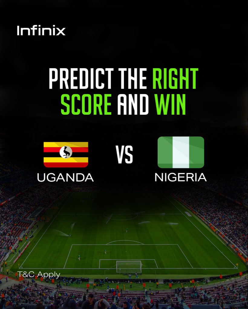 infinixuganda's tweet photo. Who takes the win tonight? Uganda 🆚 Nigeria! ⚽🔥
Drop your score prediction NOW before kickoff⚽
🎁 Prizes: Infinix branded goodies

✔️ Place your prediction before kick-off
✔️ Lucky winners will be randomly selected and announced on 6th Jan 2026
✔️ Winners must be following us https://t.co/yOMO87CZUX