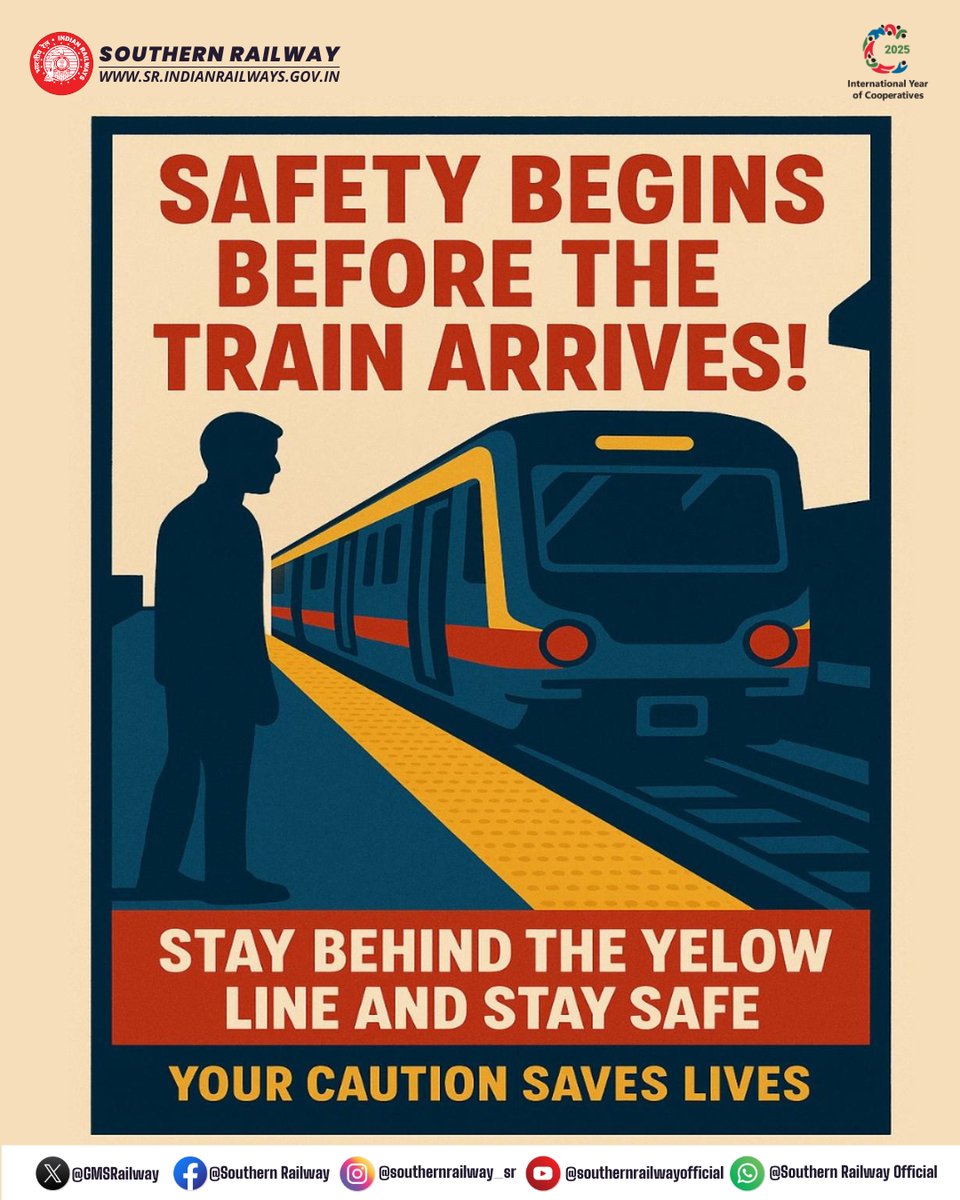 GMSRailway's tweet image. Safety starts even before the train arrives.🚆⚠️

For your safety and the safety of others, always stand behind the yellow line on platforms.

Your caution can save lives.

#SouthernRailway #IndianRailways #RailwaySafety #SafetyFirst #StayBehindTheYellowLine