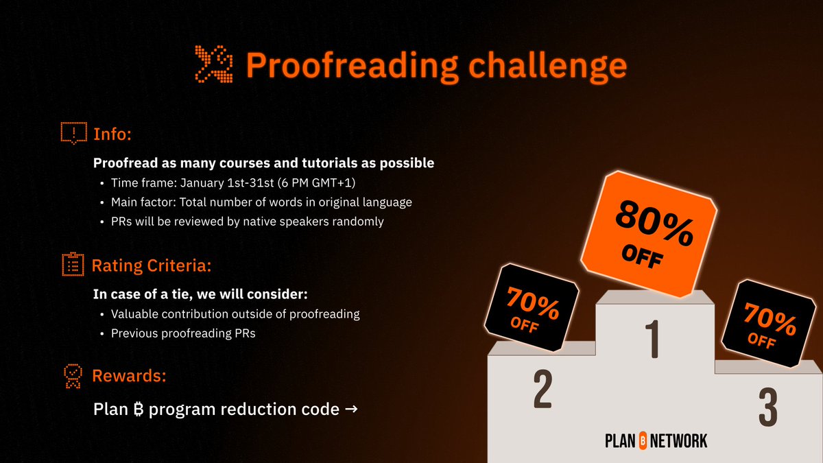 📝 The Proofreading Challenge is ON! And so are the rewards! From Jan 1–31,  help us level up Bitcoin education by proofreading courses and tutorials.  📈 The more words you review, the