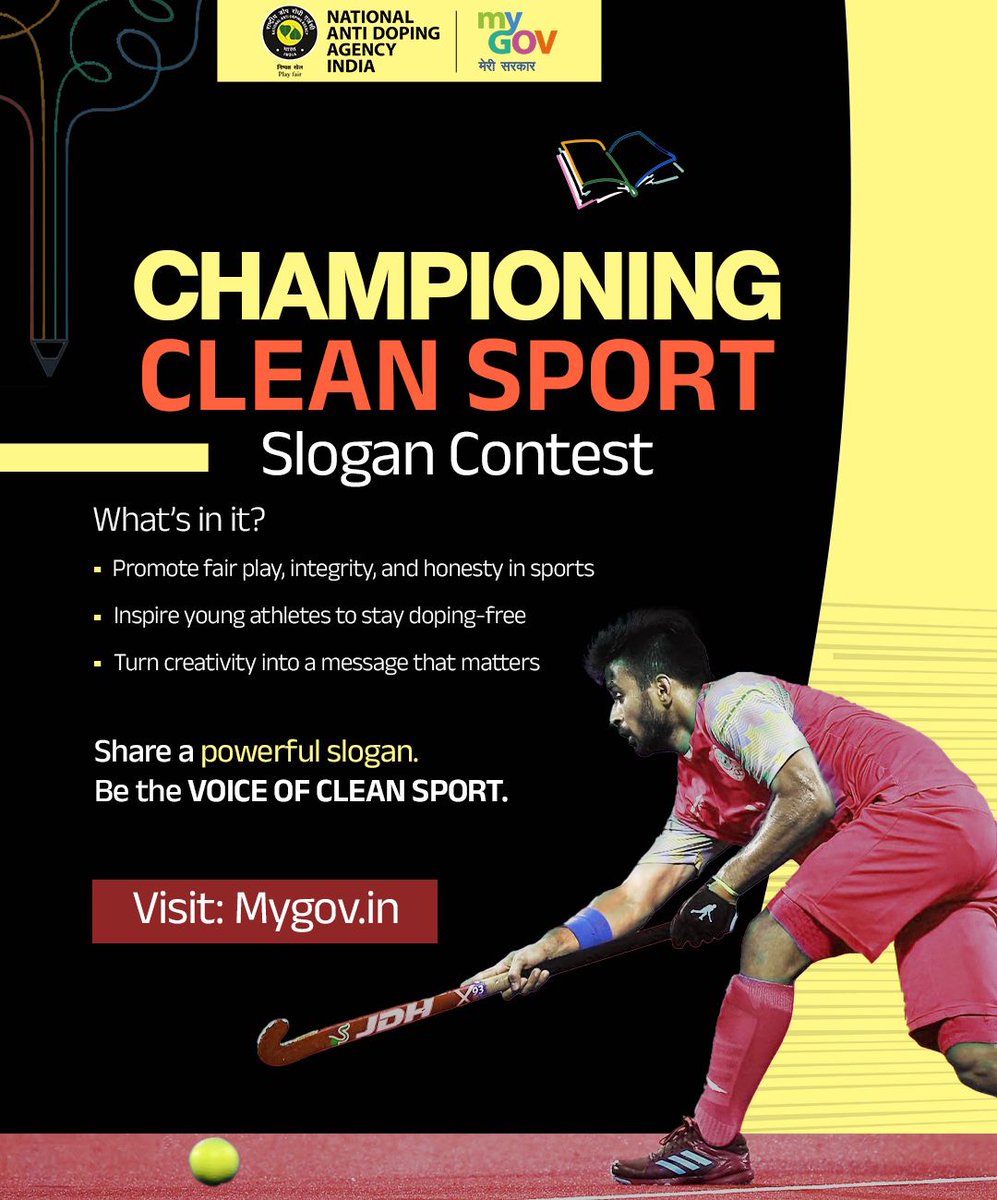 mygovindia's tweet photo. A Slogan can inspire thousands of athletes

Participate in the Championing Clean Sport - Slogan Contest and share your slogans that shout out fair play, integrity, and doping-free sports.

🔗 https://t.co/yjfQ0KVZeY

#CleanSports
#SloganContest
#AntiDoping 

@NADAIndiaOffice https://t.co/whUCeXdOay
