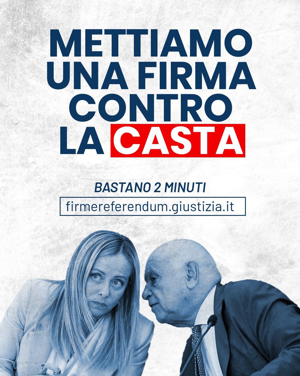 📢 METTIAMO UNA FIRMA CONTRO LA CASTA

Questa legge non difende i cittadini, difende la casta politica rendendola ancora più intoccabile.

👉 Servono 500.000 firme e contano anche i tuoi 2 minuti: 🔗clicca qui, firma e condividi👇
firmereferendum.giustizia.it/referendum/ope…