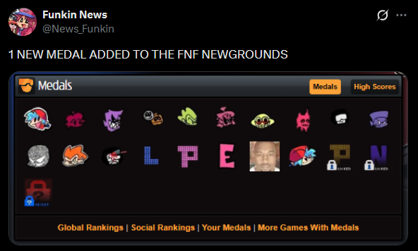 fnfpolish's tweet photo. Friday Night Funkin' dodało nowy medal oraz piosenkę "Coming Soon" do Newgrounds!
Podobna sytuacja była dzień przed update do Weekend 1, więc możliwe, że update jest tuż za rogiem!🫣
Źródło od @/News_Funkin https://t.co/Neht3qQQL8