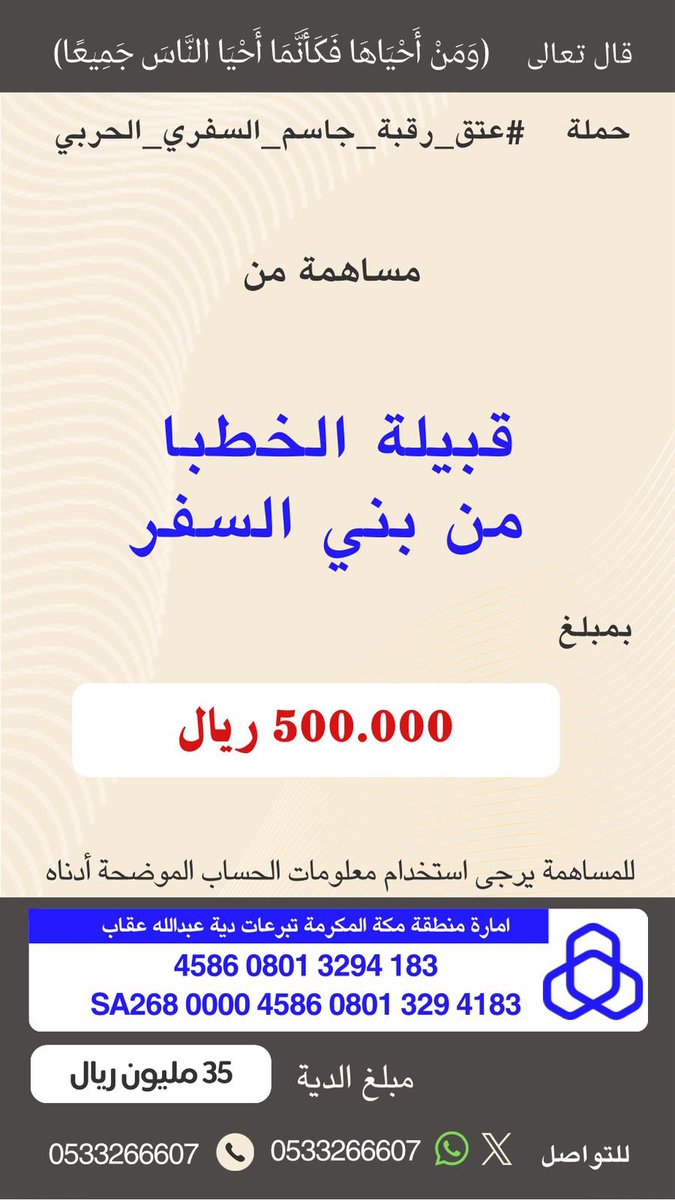 #ملتقى_قبيلة_بنى_السفر 
#عتق_رقبة_جاسم_السفري_الحربي

مساهمة قبيلة الخطبا من #بني_السفر

في #عتق_رقبة_جاسم_السفري

مبلغ و قدره 500,000 ريال