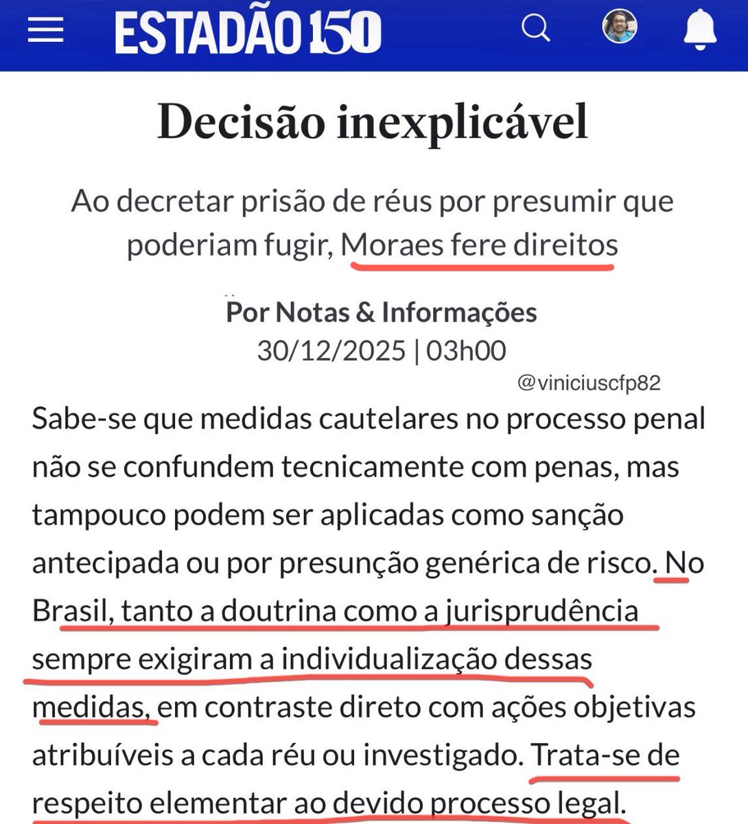 Trecho: "A legislação brasileira não admite punições coletivas. A Constituição é taxativa ao vedar a transferência da pena de uma pessoa para outra (artigo 5.º, inciso XLV)", diz Estadão sobre a prisão de Filipe Martins e outros após tentativa de fuga de Silvinei Vasques.