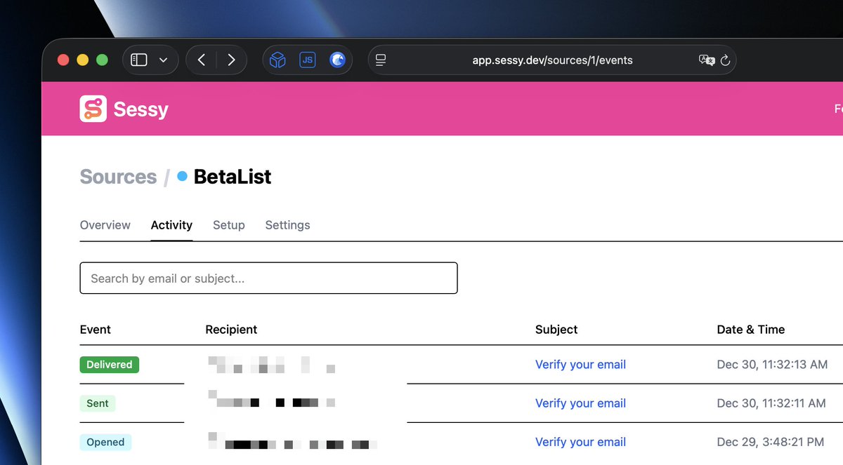 Introducing… 💌Sessy

Open-source email observability for AWS SES

github.com/marckohlbrugge…

Stop paying $$$ for VC-backed SES wrappers just to get a decent UI. Host your own.

💎 Built on Ruby on Rails
🧑‍💻 Licensed under O'Saasy
💡 Inspired by <a href="/37signals/">37signals</a>' Fizzy
