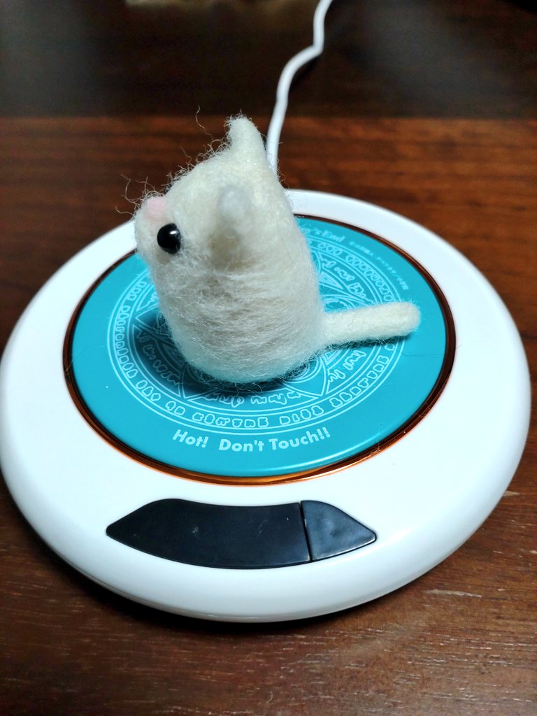 romsigsig's tweet photo. 初めて羊毛フェルトで作ってみたwww
猫のつもりだったんだけど、どのアングルから見てもハムスターぽさが＼(^o^)／
ただの綿毛がこんなふうに固まるのは不思議
指が刺し���だらけになったので次はもっと大きめに作りたな https://t.co/C9MavoioRH