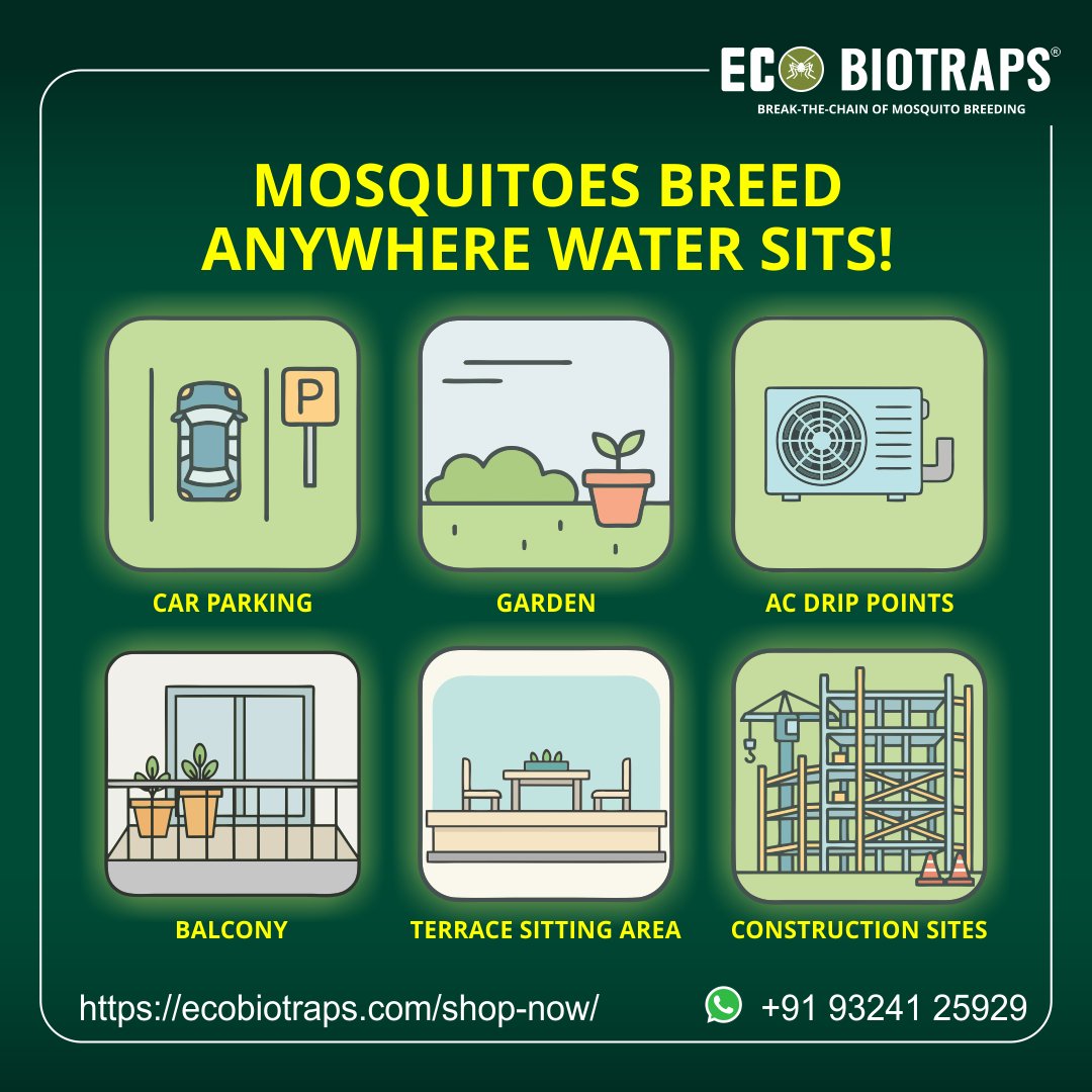 Mosquitoes don’t wait — they breed anywhere water collects. That’s why where you place EcoBiotraps matters just as much as using them.
Target the hotspots:
✔ Balconies
✔ Gardens
✔ Overhead spaces
✔ Parking areas
✔ AC drip points
✔ Construction sites
✔ Society common zones