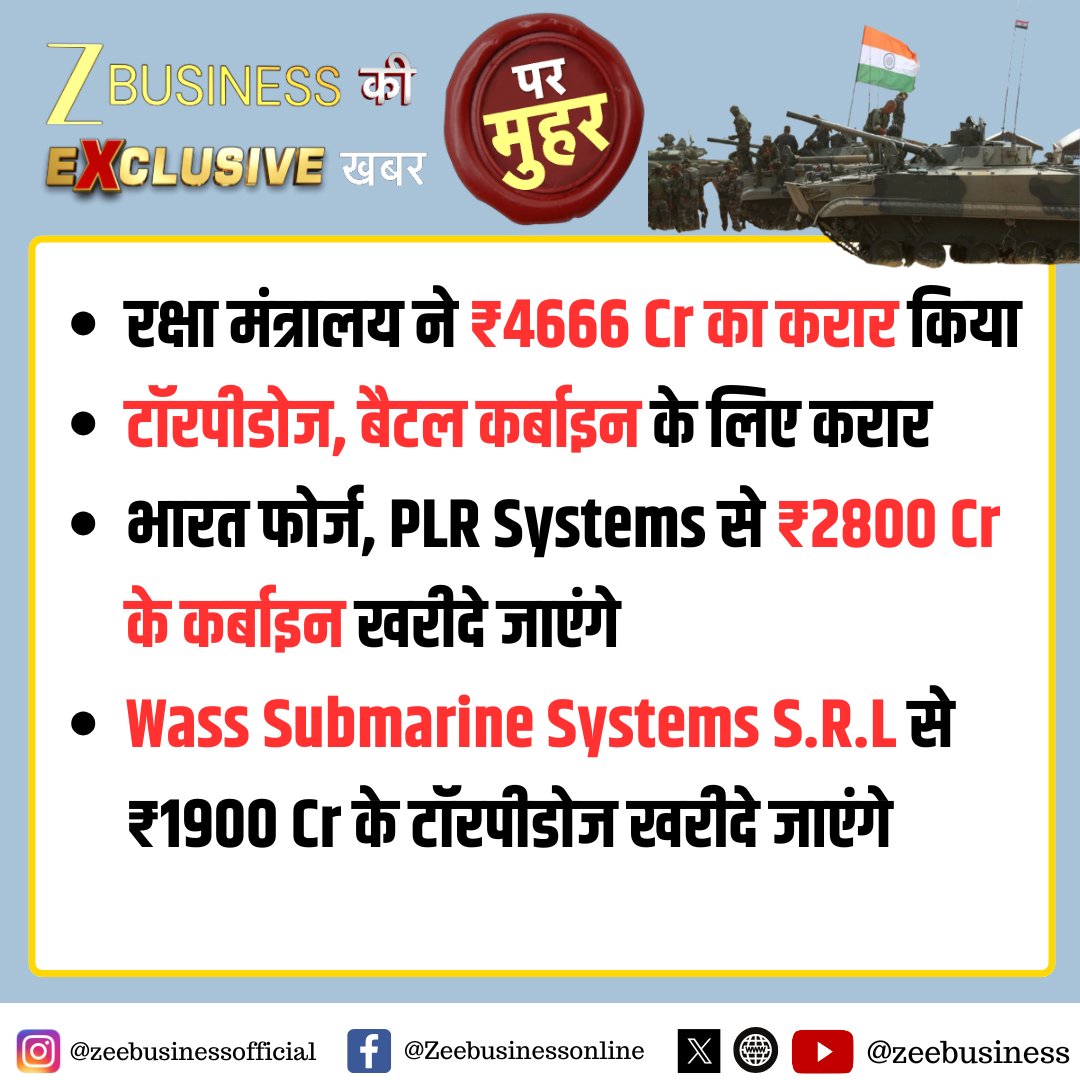 ज़ी बिज़नेस की खबर पर मुहर

रक्षा मंत्रालय ने ₹4666 Cr का करार किया
  
टॉरपीडोज, बैटल कर्बाइन के लिए करार

#MakeInIndia #AatmanirbharBharat #DefenceDeal #DefenceMinistry <a href="/AnuveshRath/">Anuvesh Rath</a>