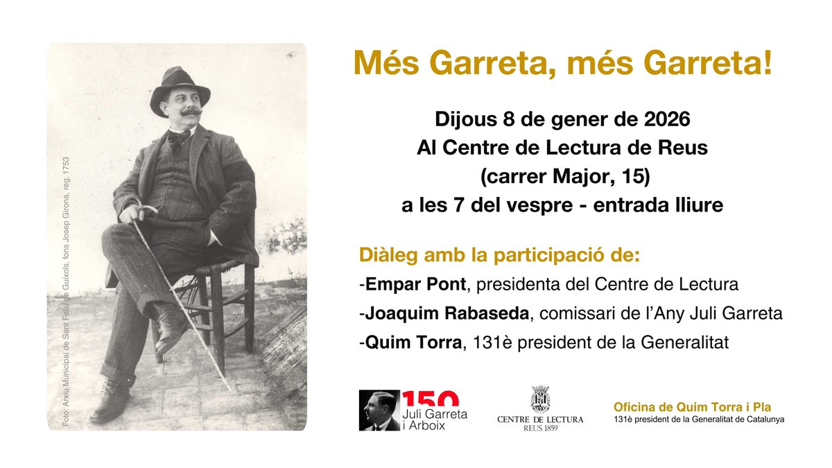 QuimTorraiPla's tweet image. Bon dia i bon any! Dijous vinent, 8 de gener, a Reus dialogarem amb la directora del @centredelectura, @EmparP Pont, i el comissari de l'#AnyGarreta, Joaquim Rabaseda, per recordar, homenatjar i reivindicar la vida i l’obra del compositor Juli Garreta. Us hi esperem! #mésGarreta