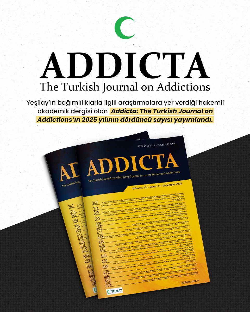 Hakemli akademik dergimiz Addicta’nın 2025 özel sayısı yayımlandı.📖

“Davranışsal Bağımlılıklar” temalı bu özel sayıda, davranışsal bağımlılıkların nedenleri, psikolojik süreçleri ve müdahale yaklaşımlarını ele alan güncel akademik araştırmalar yer alıyor.

Dergimize ulaşmak
